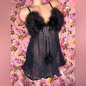 Black marabou feather babydoll pinup lingerie pom Pom cabaret nightie dollbaby